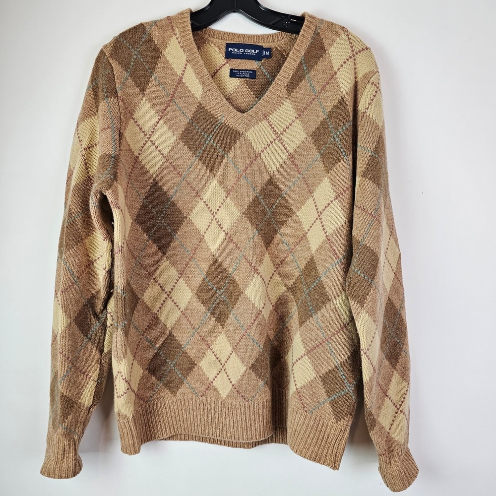 Polo Golf Ralph Lauren Argyle V-Neck Sweater Mens Medium Lambswool Alpaca Tan